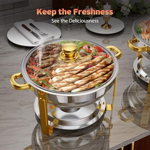 4 Pack 6 QT Round Chafing Dishes for Buffet with Glass Lid, Stainless Steel in Silver & Gold, alternate view 3