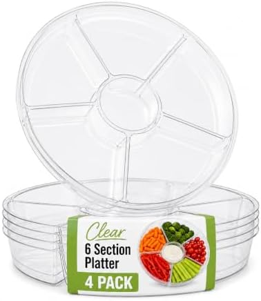 4 Pack, 6 Sectional Clear Plastic Serving Trays For Party - Heavy Duty Party Trays For Serving Food - 12 Inch