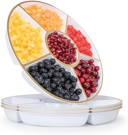 4 Pack, 6 Sectional White Plastic Serving Trays For Party With Gold Rim - Heavy Duty Gold Party Trays For