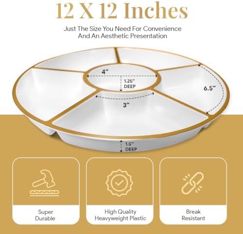4 Pack, 6 Sectional White Plastic Serving Trays For Party With Gold Rim - Heavy Duty Gold Party Trays For, alternate view 4