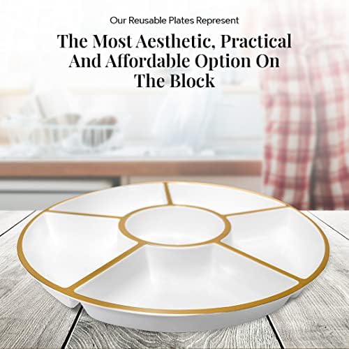 4 Pack, 6 Sectional White Plastic Serving Trays For Party With Gold Rim - Heavy Duty Gold Party Trays For, alternate view 5