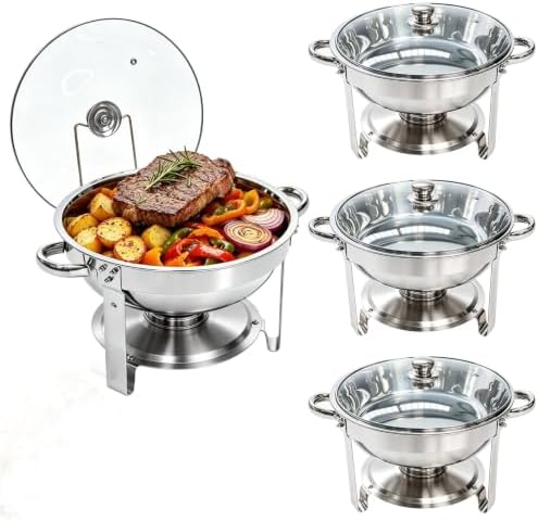 4-Pack 6QT Chafing Dishes for Buffet, 304 Stainless Steel Chafing Dish Buffet Set with Glass Lids & Lid Holders