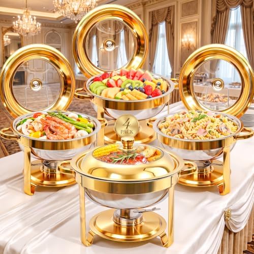 4 Pack 6QT Gold Chafing Dishes for Buffet, Installation-Free Stands, Round in Full Gold