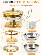 4 Pack 6QT Gold Chafing Dishes for Buffet, Installation-Free Stands, Round in Full Gold, alternate view 2