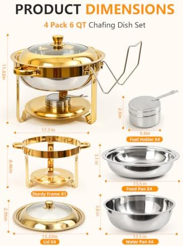 4 Pack 6QT Gold Chafing Dishes for Buffet, Installation-Free Stands, Round in Full Gold, alternate view 2