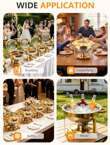 4 Pack 6QT Gold Chafing Dishes for Buffet, Installation-Free Stands, Round in Full Gold, alternate view 7