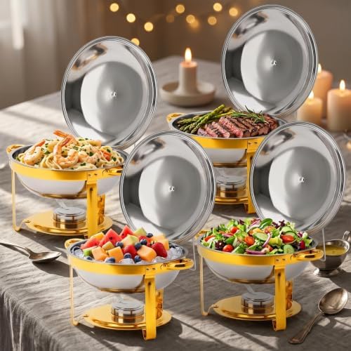 4 Pack 6QT Round Chafing Dishes, Buffet Servers and Warmers