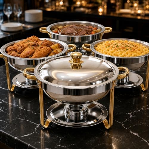 4 Pack 6QT Round Chafing Dishes for Buffet, Food Warmers for Party with Lid in Sliver