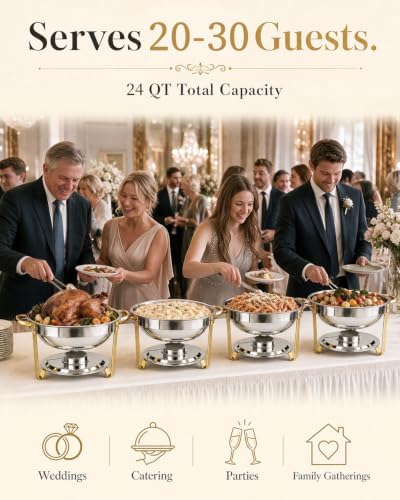 4 Pack 6QT Round Chafing Dishes for Buffet, Food Warmers for Party with Lid in Sliver, alternate view 4