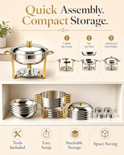 4 Pack 6QT Round Chafing Dishes for Buffet, Food Warmers for Party with Lid in Sliver, alternate view 7