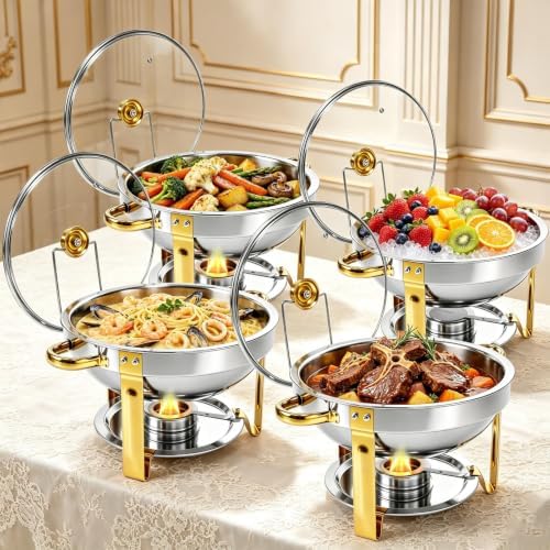 4 Pack 6QT Round Chafing Dishes for Buffet with Glass Lid, Silver with Gold