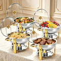 4 Pack 6QT Round Chafing Dishes for Buffet with Glass Lid, Silver with Gold