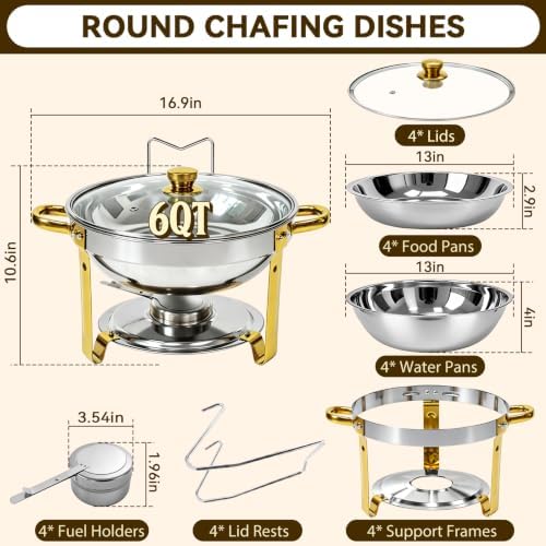 4 Pack 6QT Round Chafing Dishes for Buffet with Glass Lid, Silver with Gold, alternate view 2
