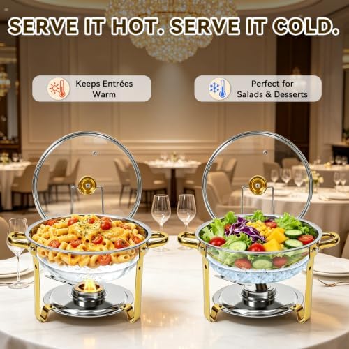 4 Pack 6QT Round Chafing Dishes for Buffet with Glass Lid, Silver with Gold, alternate view 3