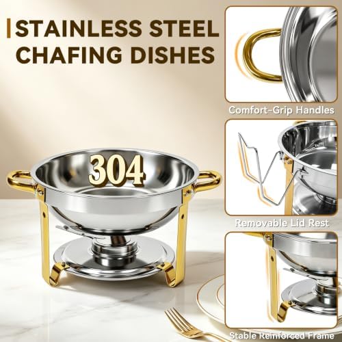 4 Pack 6QT Round Chafing Dishes for Buffet with Glass Lid, Silver with Gold, alternate view 4
