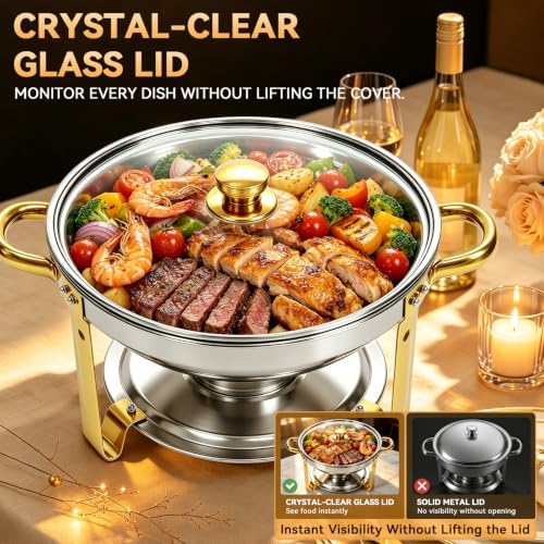 4 Pack 6QT Round Chafing Dishes for Buffet with Glass Lid, Silver with Gold, alternate view 5