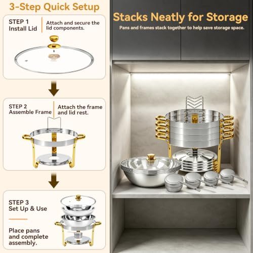 4 Pack 6QT Round Chafing Dishes for Buffet with Glass Lid, Silver with Gold, alternate view 6