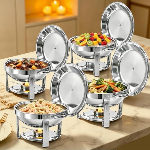 4 Pack 6QT Round Chafing Dishes for Buffet with Lids, Silver in Silver