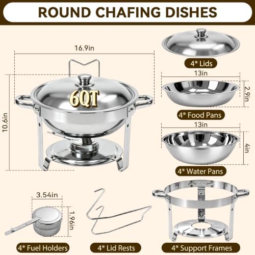 4 Pack 6QT Round Chafing Dishes for Buffet with Lids, Silver in Silver, alternate view 2