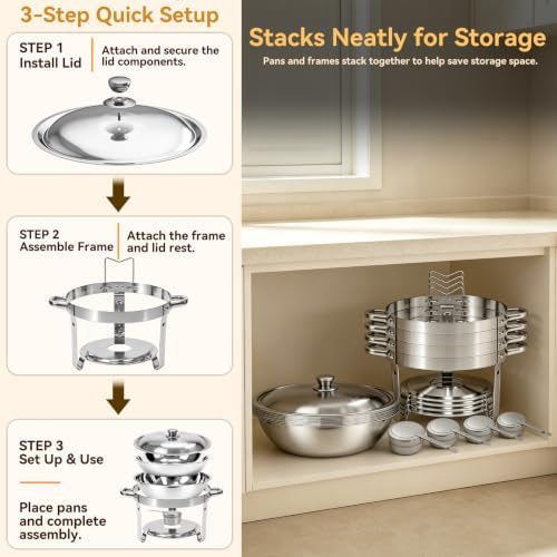 4 Pack 6QT Round Chafing Dishes for Buffet with Lids, Silver in Silver, alternate view 5
