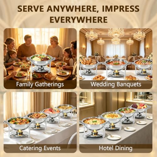 4 Pack 6QT Round Chafing Dishes for Buffet with Lids, Silver in Silver, alternate view 7