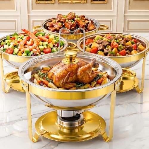 4 Pack 6QT Round Gold Stainless Steel Chafing Dish Set, Random Glass or Stainless Steel Lid, Buffet Food Warmer