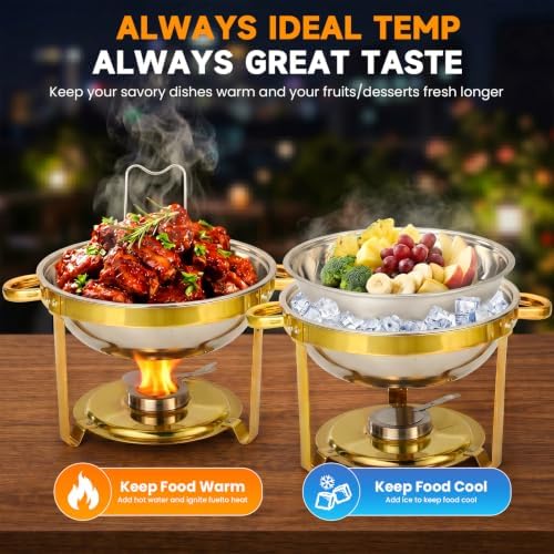 4 Pack 6QT Round Gold Stainless Steel Chafing Dish Set, Random Glass or Stainless Steel Lid, Buffet Food Warmer, alternate