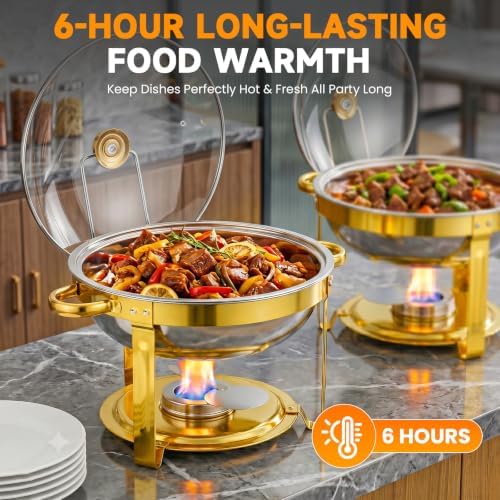 4 Pack 6QT Round Gold Stainless Steel Chafing Dish Set, Random Glass or Stainless Steel Lid, Buffet Food Warmer, alternate