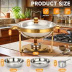 4 Pack 6QT Round Gold Stainless Steel Chafing Dish Set, Random Glass or Stainless Steel Lid, Buffet Food Warmer, alternate