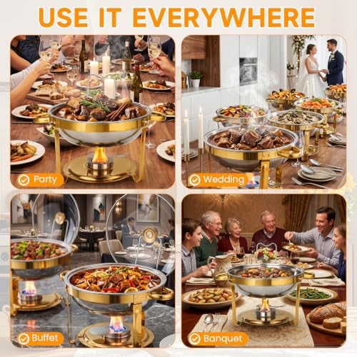 4 Pack 6QT Round Gold Stainless Steel Chafing Dish Set, Random Glass or Stainless Steel Lid, Buffet Food Warmer, alternate