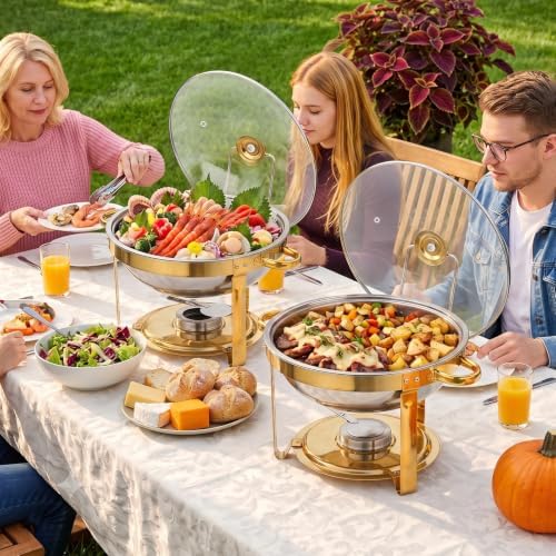 4 Pack 6QT Round Gold Stainless Steel Chafing Dish Set, Random Glass or Stainless Steel Lid, Buffet Food Warmer, alternate