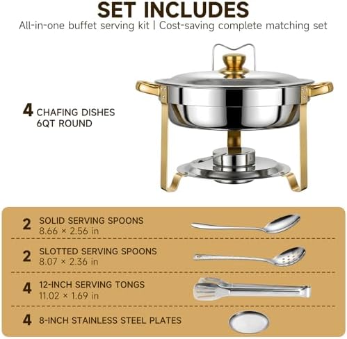 4 Pack 6QT Stainless Steel Chafing Dish Buffet Warmers with Lid & Holders, alternate view 5