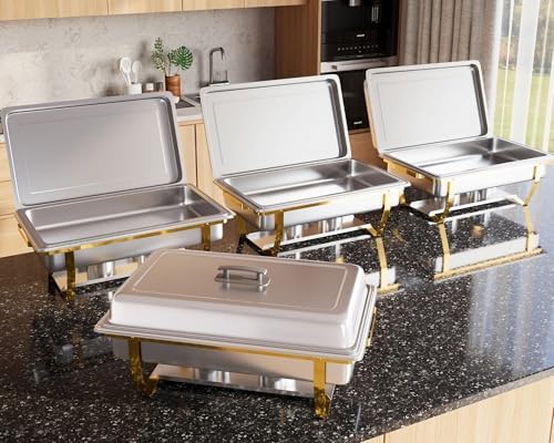4 Pack 8QT Chafing Dish Full Set - Stainless Steel Catering Chafer with Lids, Pans & Fuel Holders - Buffet Food