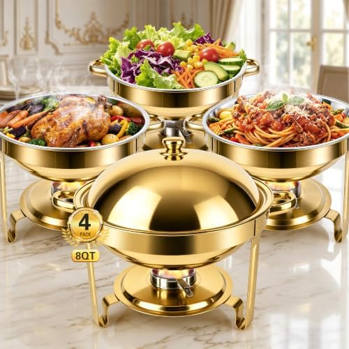 4 Pack 8QT Gold Chafing Dishes for Buffet, Food Warmers for Parties in Gold