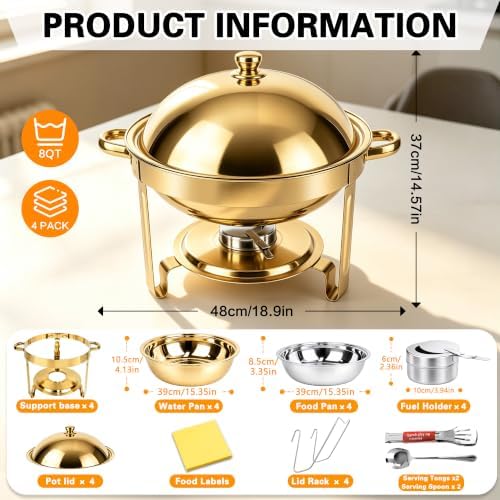 4 Pack 8QT Gold Chafing Dishes for Buffet, Food Warmers for Parties in Gold, alternate view 2