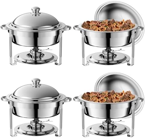 4 Pack 8QT Round Chafing Dish for Buffet Set with Lids, Silver in Silver