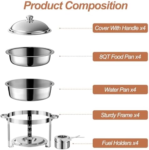 4 Pack 8QT Round Chafing Dish for Buffet Set with Lids, Silver in Silver, alternate view 4