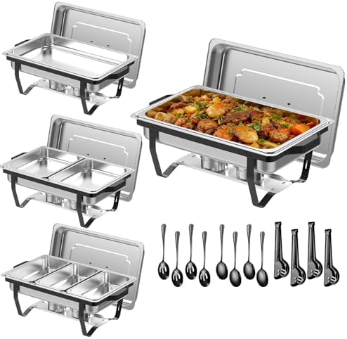 4 Pack 9 Qt Chafing Dishes Buffet Set - Black Stainless Steel Food Warmers with 12 Serving Utensils (Tongs