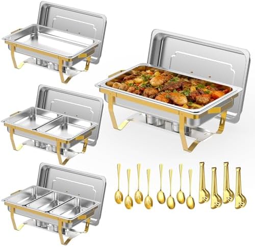 4 Pack 9 Qt Chafing Dishes Buffet Set - Gold Stainless Steel Food Warmers with 12 Serving Utensils (Tongs