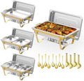 4 Pack 9 Qt Chafing Dishes Buffet Set - Gold Stainless Steel Food Warmers with 12 Serving Utensils (Tongs