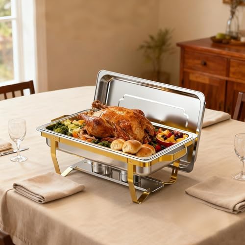 4 Pack 9 Qt Chafing Dishes Buffet Set - Gold Stainless Steel Food Warmers with 12 Serving Utensils (Tongs, alternate view 6