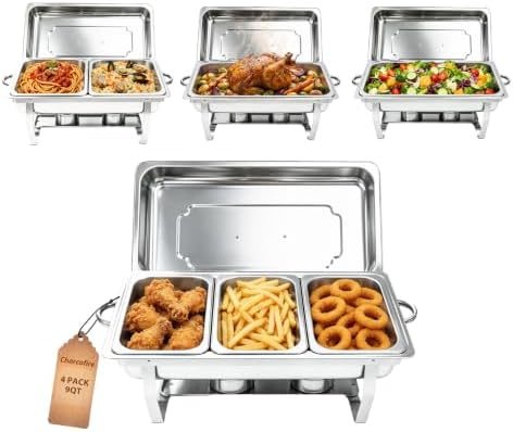 4 Pack 9QT Rectangular Chafing Dishes for Buffet, 7 Multi-Size Pans, Silver in Silver
