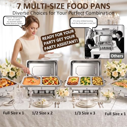 4 Pack 9QT Rectangular Chafing Dishes for Buffet, 7 Multi-Size Pans, Silver in Silver, alternate view 5