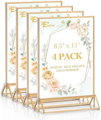 4 Pack Acrylic Sign Holder 8.5 x 11, Double Sided Gold Picture Frame Stand up Table Top Sign Holders, Clear