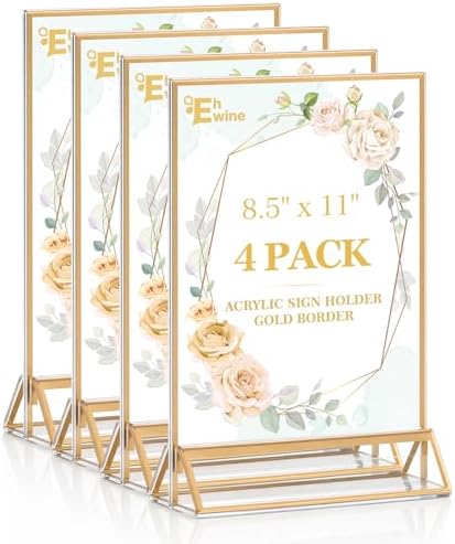 4 Pack Acrylic Sign Holder 8.5 x 11, Double Sided Gold Picture Frame Stand up Table Top Sign Holders, Clear