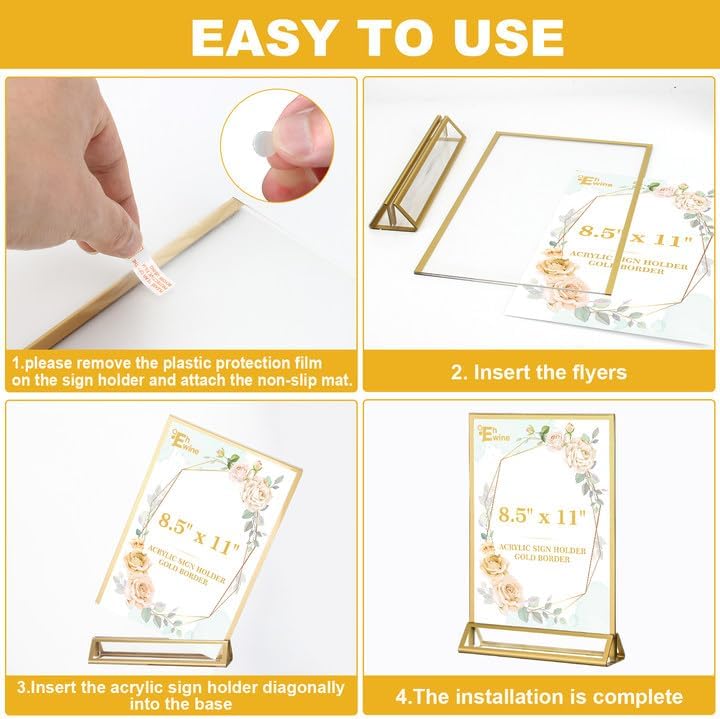 4 Pack Acrylic Sign Holder 8.5 x 11, Double Sided Gold Picture Frame Stand up Table Top Sign Holders, Clear, alternate view 5