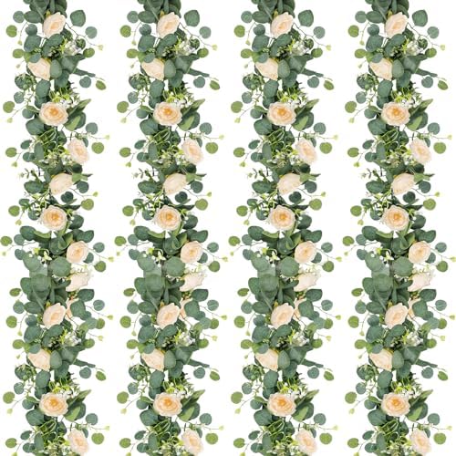 4 Pack Artificial Eucalyptus Flower Garland with Champagne Roses
