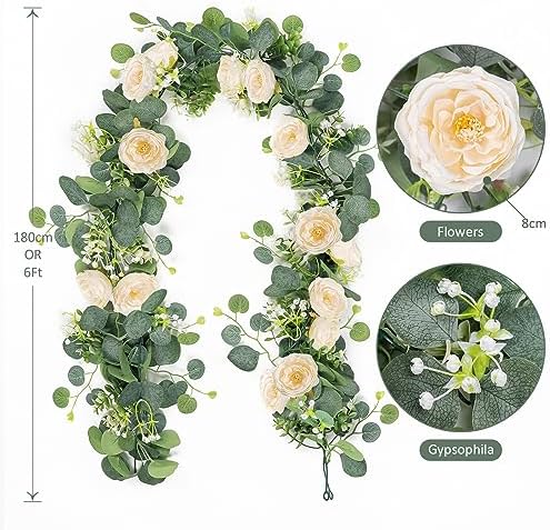 4 Pack Artificial Eucalyptus Flower Garland with Champagne Roses, alternate view 3