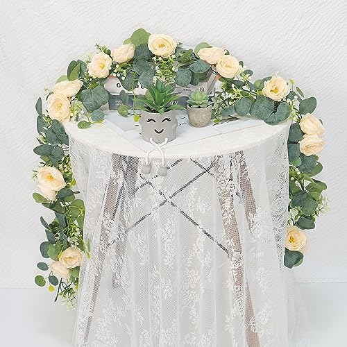 4 Pack Artificial Eucalyptus Flower Garland with Champagne Roses, alternate view 4