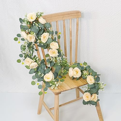 4 Pack Artificial Eucalyptus Flower Garland with Champagne Roses, alternate view 6